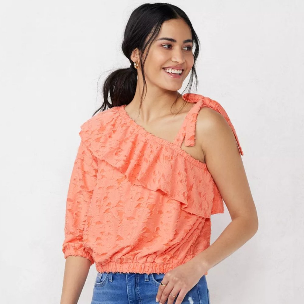 NWT LC LAUREN CONRAD ONE SHOULDER RUFFLE TOP (L & XL / PEACH)